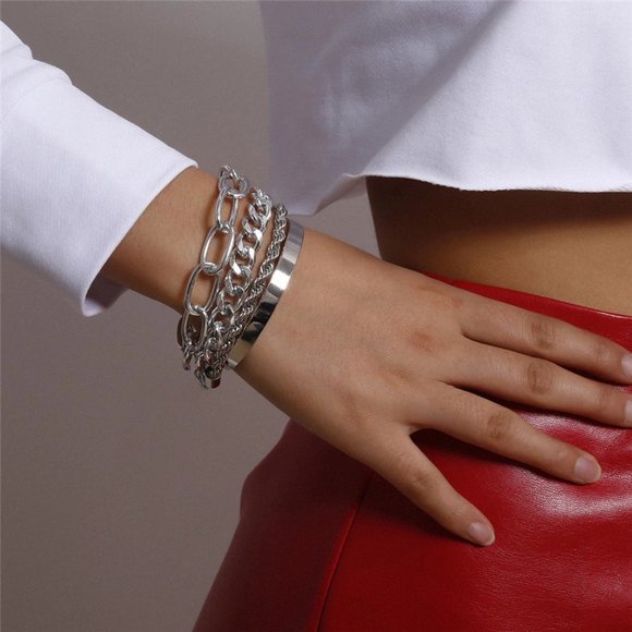 Women's Boho Thick Silver Charm Bracelets 4PC Set Bangles Punk - Picture 1 of 6